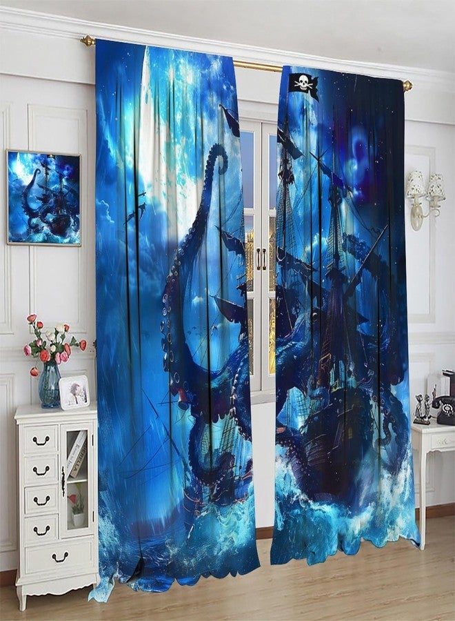AAVEUP Pirate Ship Curtains,Fantasy Horror Ocean Octopus Sea Monster Skeleton Ship Decor Window Treatments, Thermally Insulated Rod Pocket Drapes for Kids Boys Living Room Bedroom 42x45in - Image 4